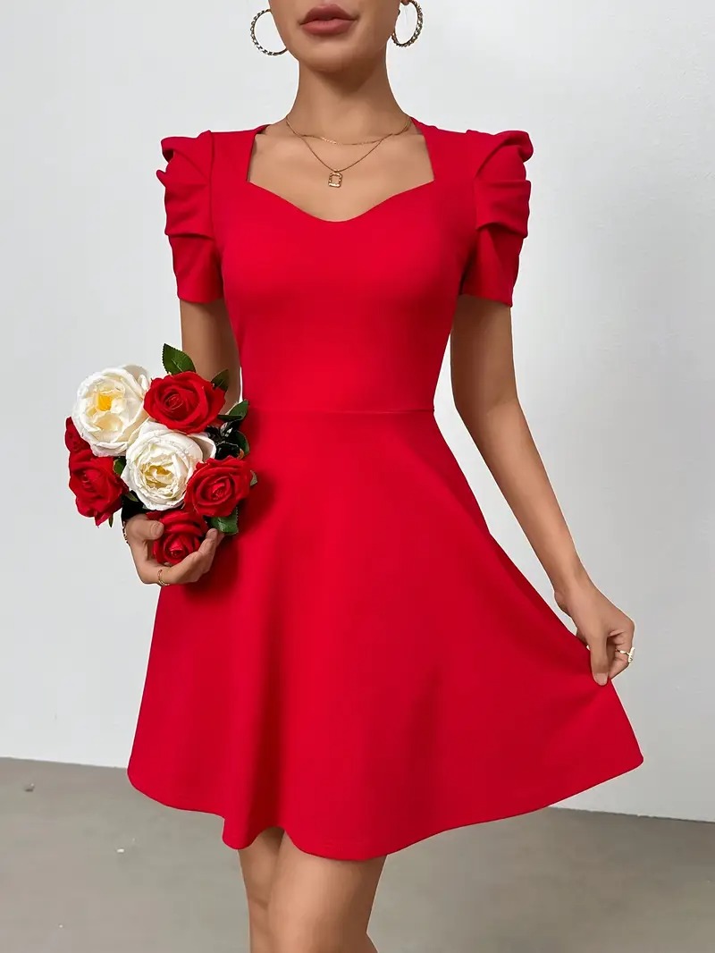 Vestido elegante rojo manga fruncido escote v - Imagen 3