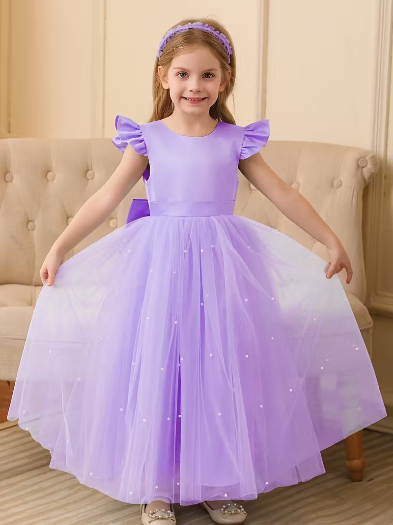 Vestido de fiesta lila con perlas maxi manga capa cuello v atras