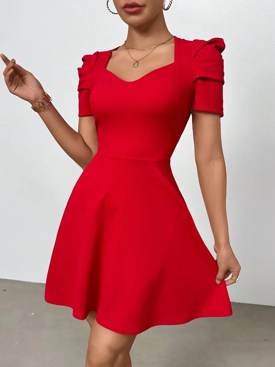 Vestido elegante rojo manga fruncido escote v